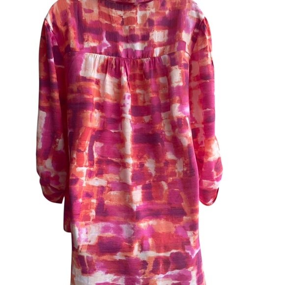 NY Collection Button Down Blouse Top Orange Pink Tie- High Low Hem Woman Plus 1X - Picture 4 of 4